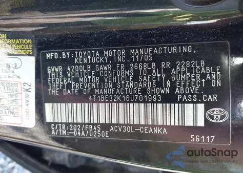 2006 Toyota Camry Le z USA, uszkodzony, nr VIN 4T1BE32K16U701993